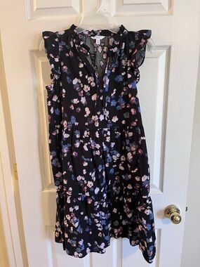 Time and Tru Black Floral Ruffle Sleeve Mini Dress